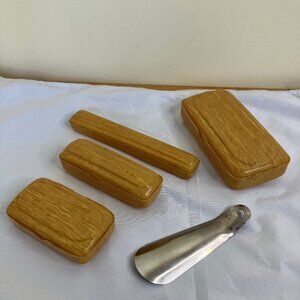 Celluloid Toiletry Travel Cases Set of 4 + Shoe Horn Vintage Wood Grain Look